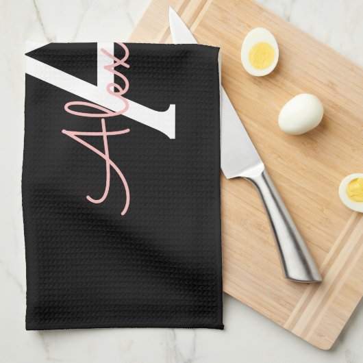 Rose Gold - Rosa Schwarzer Glitzer Monogramm Name Geschirrtuch (Viertel Falte)
