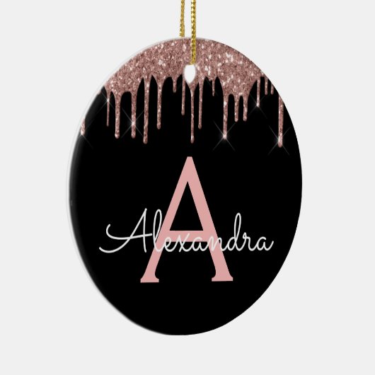 Rose Gold - Rosa Schwarzer Glitzer Monogramm Name Keramik Ornament (Rechts)