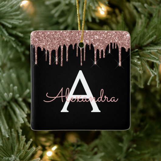 Rose Gold - Rosa Schwarzer Glitzer Monogramm Name Keramikornament