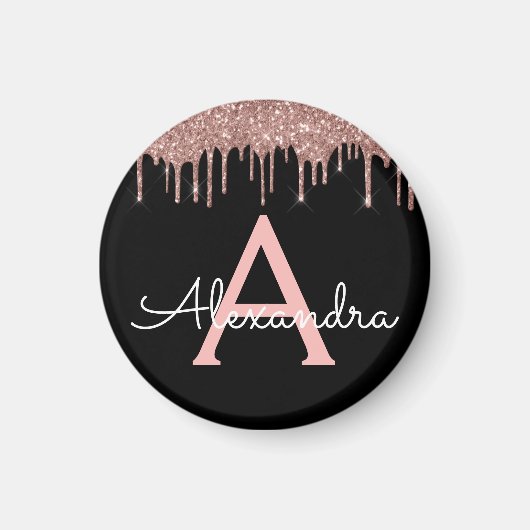 Rose Gold - Rosa Schwarzer Glitzer Monogramm Name Magnet (Vorne)