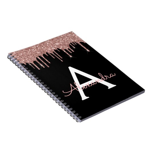 Rose Gold - Rosa Schwarzer Glitzer Monogramm Name Notizblock (Rechte Seite)