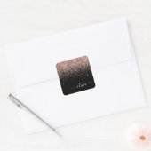 Rose Gold - Rosa Schwarzer Glitzer Monogramm Name Quadratischer Aufkleber (Umschlag)