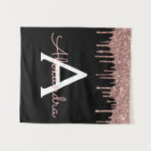 Rose Gold - Rosa Schwarzer Glitzer Monogramm Name Wandteppich (Vorderseite (Horizontal))