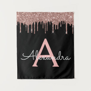 Rose Gold - Rosa Schwarzer Glitzer Monogramm Name Wandteppich