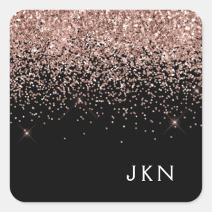 Rose Gold Rosa Schwarzer Glitzer Monogramm Quadratischer Aufkleber
