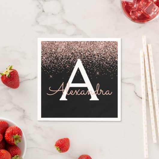 Rose Gold Rosa Schwarzer Glitzer Monogramm Serviette (Beispiel)