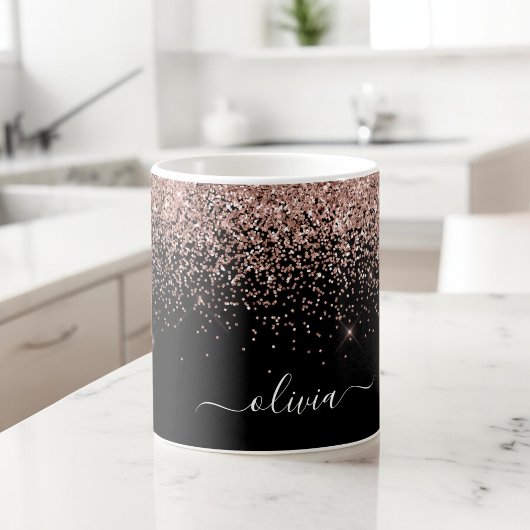 Rose Gold - Rosa Schwarzer Glitzer Name Kaffeetasse