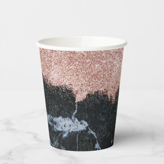 Rose Gold Rosa Schwarzer Marmor Glitzer Pappbecher (Links)