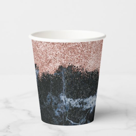 Rose Gold Rosa Schwarzer Marmor Glitzer Pappbecher (Vorderseite)