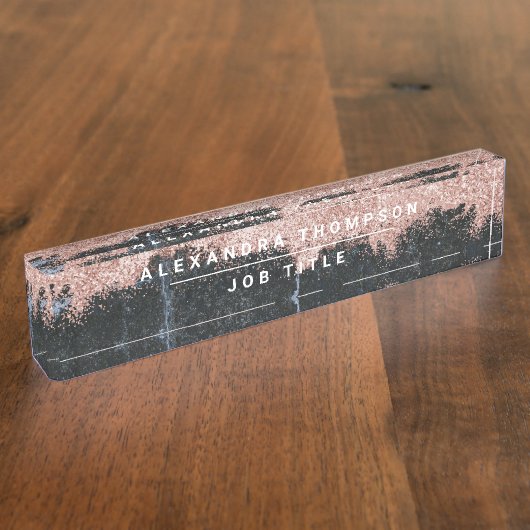 Rose Gold Rosa Schwarzer Marmor Glitzer Staub Namensplakette (Seite)