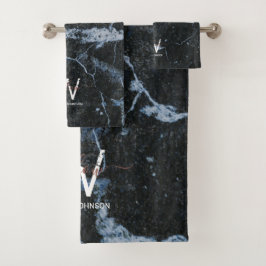 Rose Gold Rosa Schwarzer Marmor Glitzer Staubmonog Badhandtuch Set