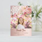 Rose Gold Rosa Spitzen Mädchen Bestätigung Foto Dankeskarte (Stehend Vorderseite)