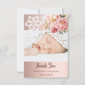 Rose gold rosa Spitzen Mädchen Cross Taufe Foto Dankeskarte (Vorderseite)
