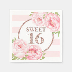 Rose Gold Rosa Streifen Blume Süß 16 Geburtstag Serviette