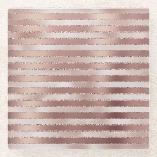 Rose Gold Rosa Streifen Glitz Glasuntersetzer (Vorderseite)