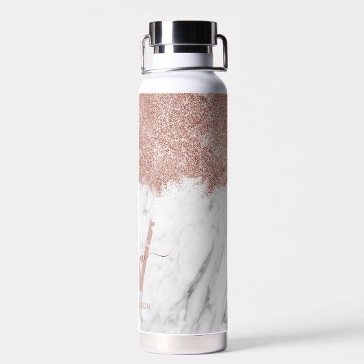 Rose Gold Rosa Weißer Marmor Glitzer Staubmonogram Trinkflasche (Rückseite)