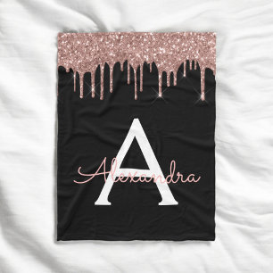 Rose Gold - Rosafarbenes Glitter Schwarz Monogramm Fleecedecke