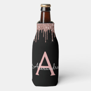 Rose Gold - Rosafarbenes Schwarz Glitter Monogramm Flaschenkühler