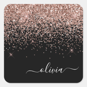 Rose Gold - Rosafarbenes Schwarz Glitter Monogramm Quadratischer Aufkleber