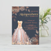 Rose Gold Rose modische Sequenzen kleiden Quinceañ Einladung (Stehend Vorderseite)