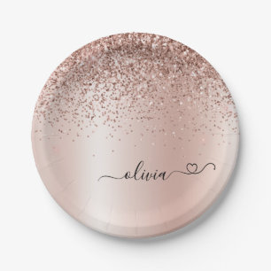 Rose Gold - Rosenrosa Glitter Metall Monogramm Nam Pappteller