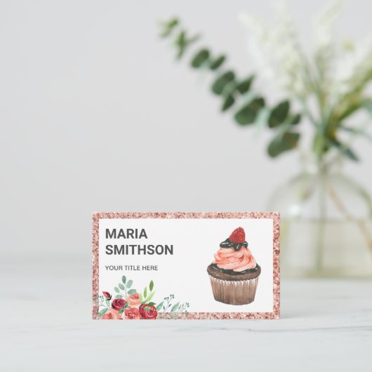 Rose Gold Rote Blüte Erdbeere Backwaren Visitenkarte (Stehend Vorderseite)