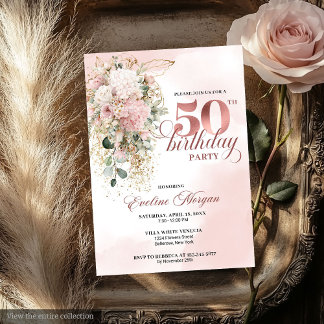 Rose Gold Rouge Florale Wasserfarbe 50. Geburtstag Einladung