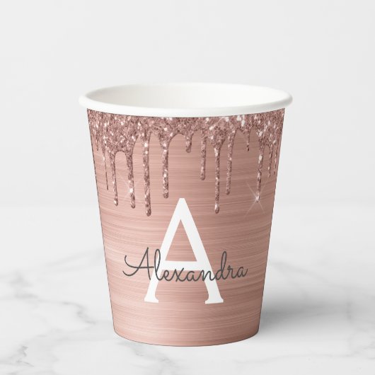 Rose Gold Roush Rosa Glitzer Monogram Paper Cups Pappbecher (Vorderseite)
