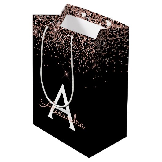 Rose Gold Roush Rosa Glitzer Sparkone Monogramm Mittlere Geschenktüte (Rückseite Schrägansicht)