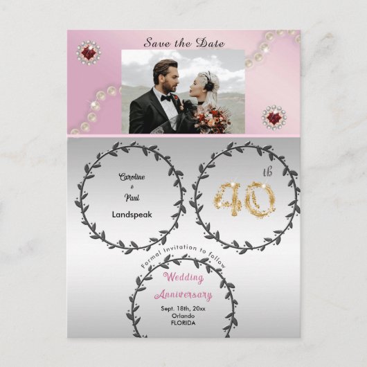 Rose Gold Ruby 40 Jahre Jubiläum Save the Date Postkarte (Vorderseite)