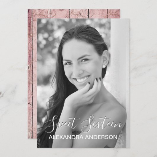 Rose Gold Rustikales Holz 16 . Geburtstag Geburtst Einladung (Vorne/Hinten)