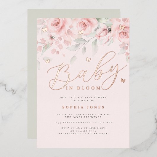 Rose Gold Sage Blumenschmetterling Baby im Blut Folieneinladung (Vorderseite/Rückseite)