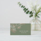 Rose Gold Sage Green Line Art Floral  | QR Code Visitenkarte (Stehend Vorderseite)