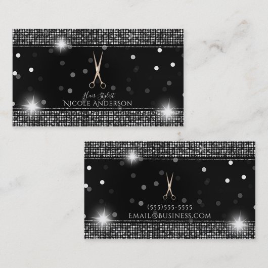 Rose Gold Salon Stylist Scissors Silver Sequin Visitenkarte (Vorne/Hinten)