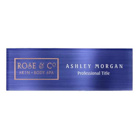Rose Gold Sapphire Cobalt Blauer Brandname Weiß Namenschild (Vorderseite)