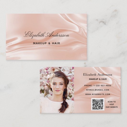 Rose Gold Satin Seide Foto elegant QR-Code Visitenkarte (Vorne/Hinten)