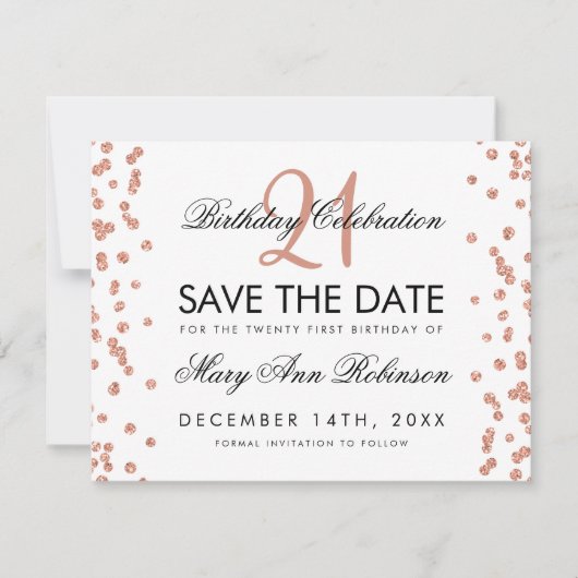 Rose Gold Save the Date 21. Geburtstag Confetti (Vorderseite)