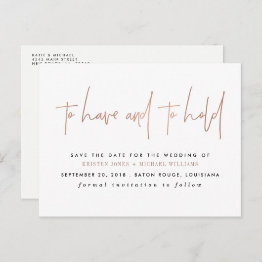 Rose Gold Save the Date haben und halten Ankündigungspostkarte (Vorne/Hinten)