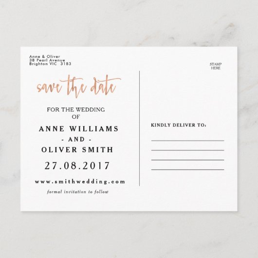 Rose Gold Save the Date Postkarte Rustikal (Rückseite)