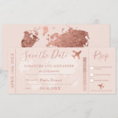 Rose Gold Save the Date Weltkarte Boarding Pass (Vorne/Hinten)