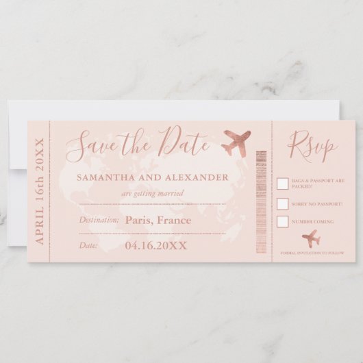 Rose Gold Save the Date Weltkarte Boarding Pass (Vorderseite)