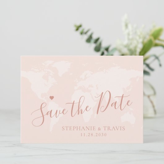 Rose Gold Save the Date World Map Ziel (Stehend Vorderseite)