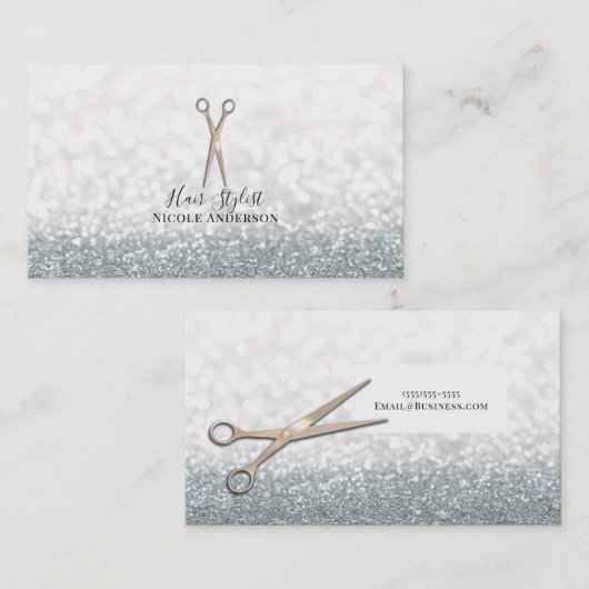 Rose Gold Scheren Weißer Glitzer Haarstylistin Visitenkarte (Vorne/Hinten)