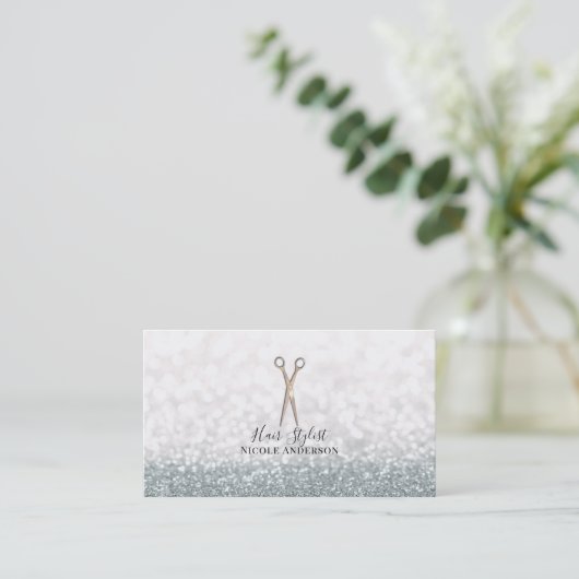 Rose Gold Scheren Weißer Glitzer Haarstylistin Visitenkarte (Stehend Vorderseite)