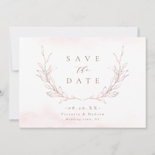 Rose Gold schlichte Eleganz botanische Blätter Hoc Save The Date (Vorderseite)