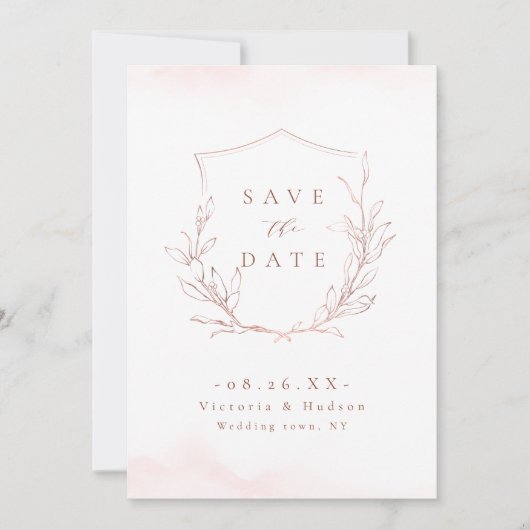 Rose Gold schlichte Eleganz botanisches Wappen Hoc Save The Date (Vorderseite)