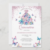 Rose Gold Schmetterlinge Gown Quinceanera Einladung (Vorderseite)