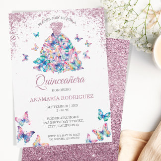 Rose Gold Schmetterlinge Gown Quinceanera Einladung