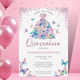 Rose Gold Schmetterlinge Gown Quinceanera Einladung