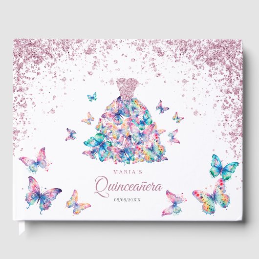 Rose Gold Schmetterlinge Gown Quinceanera Gästebuch (Vorderseite)
